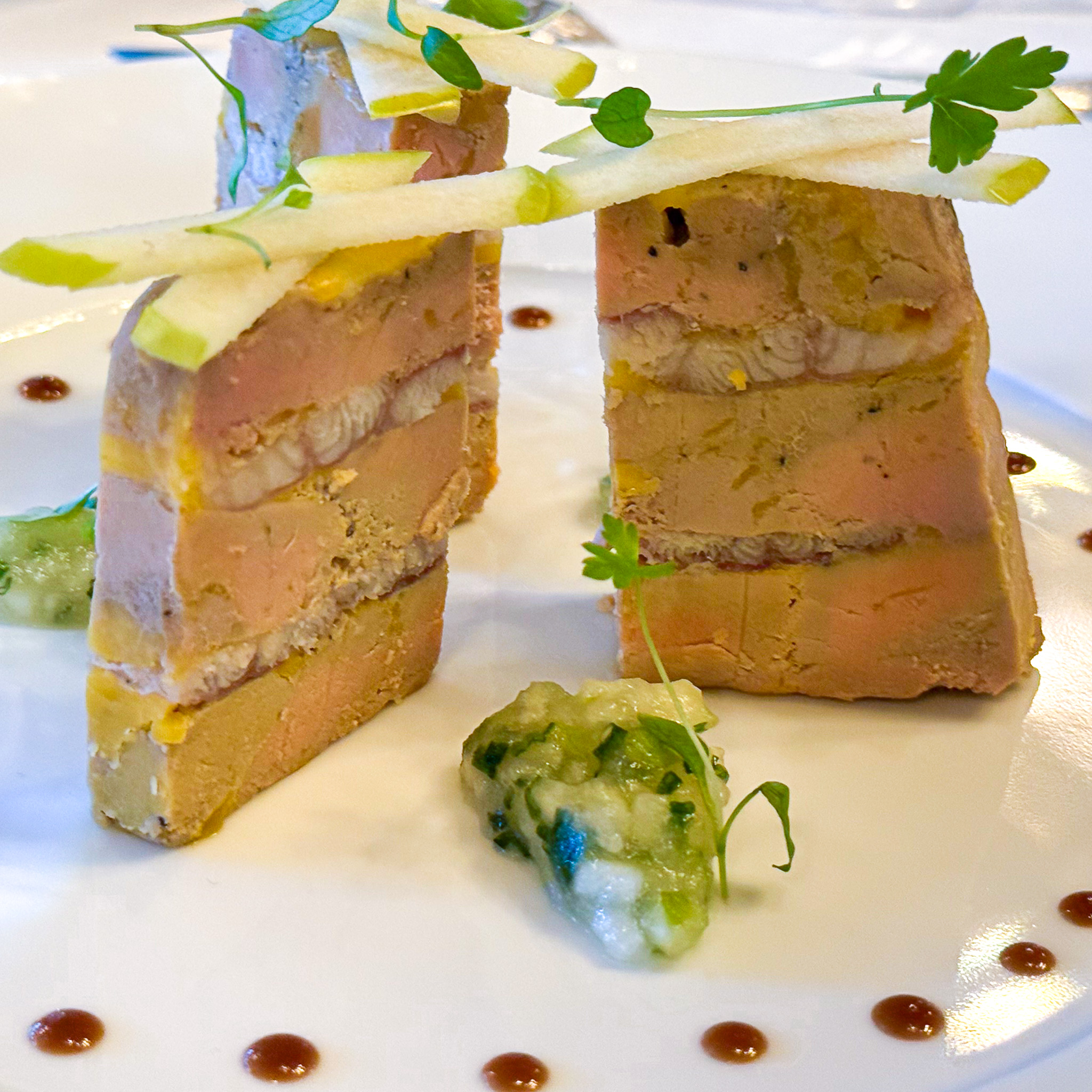 foie-gras-eel-le-grand-vefour-restaurant-paris | PARIS BY MOUTH Foie gras with smoked eel and spiced apple on grilled bread, a starter at Le Grand Véfour.